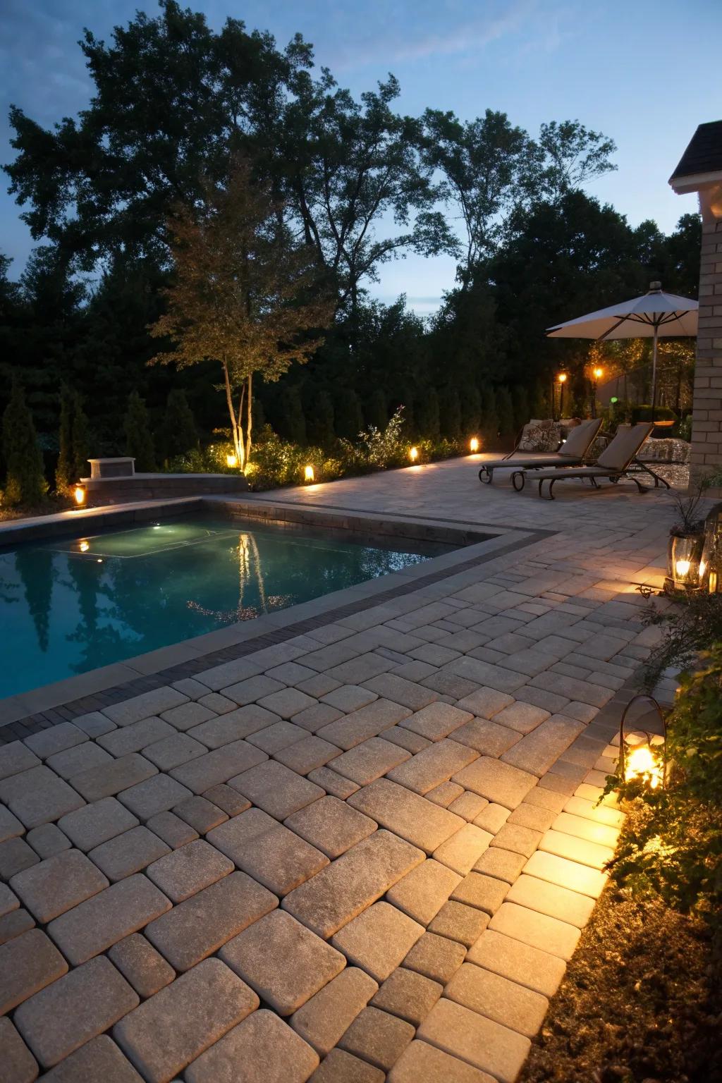 Lighting highlights the beauty of pavers, creating a magical night ambiance.