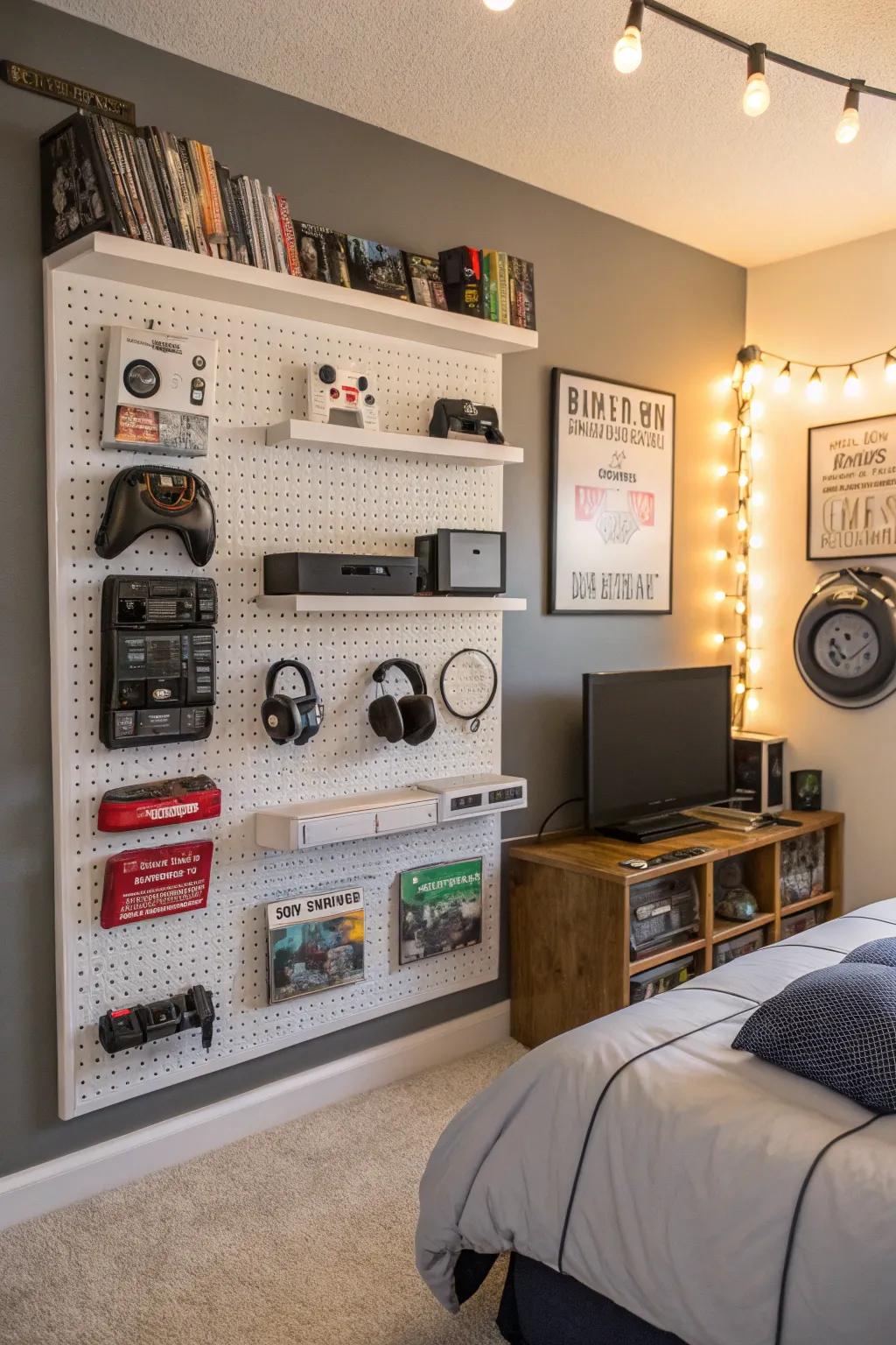 Keep your gaming equipment tidy using a pegboard.