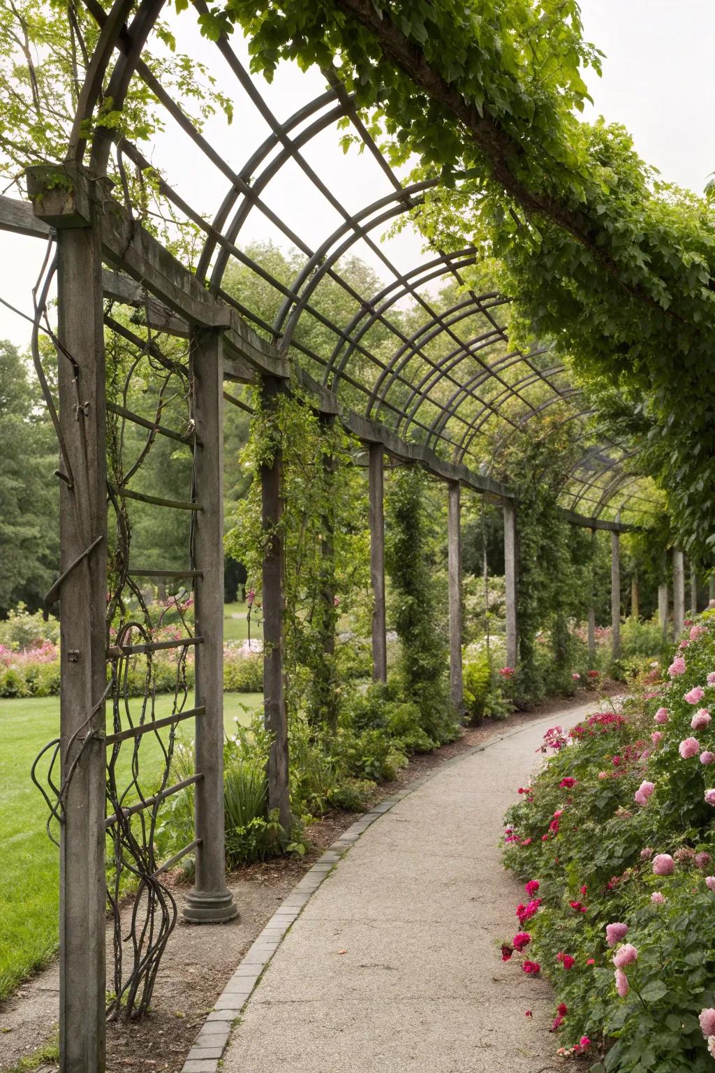 Metal scaffolds add structural interest and support for greenery.