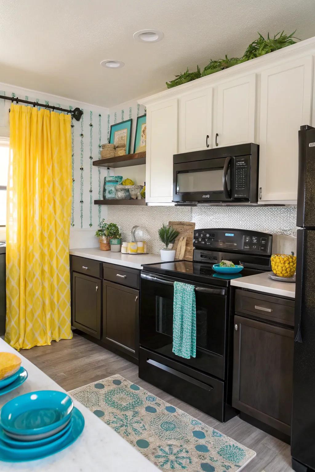 Vibrant accents introduce character to a refined cooking space.