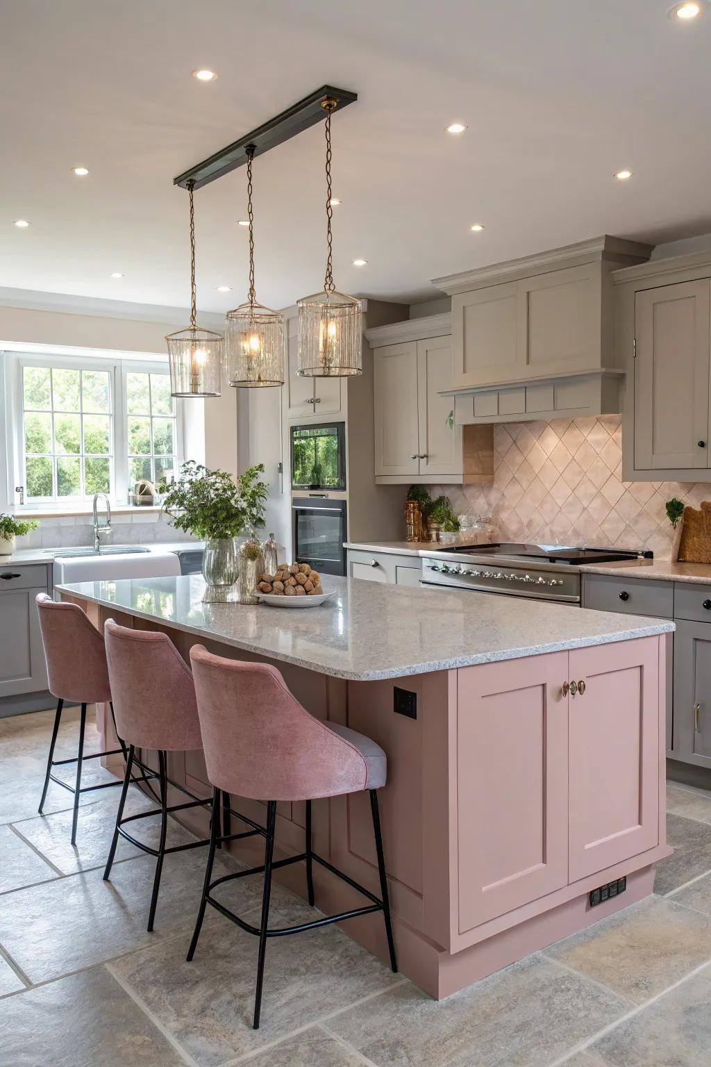 A daring rose and grey center as the cooking space’s focal point.