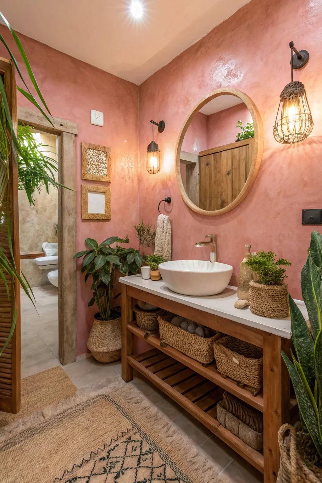 Warm rose plaster walls provide distinctive texture.
