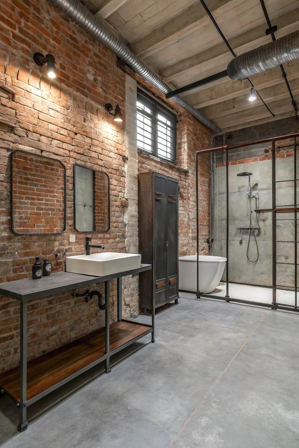 Industrial aspects add a modern, bold touch to bathrooms.