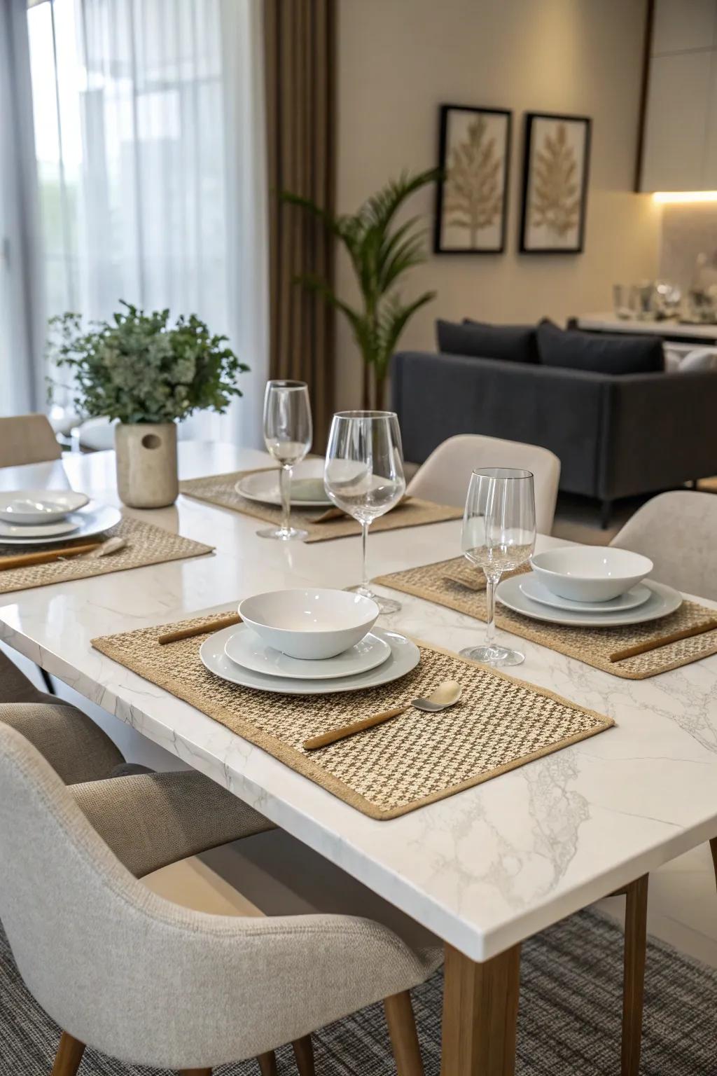 Offer a pristine and enduring backdrop with minimalistic placemats.
