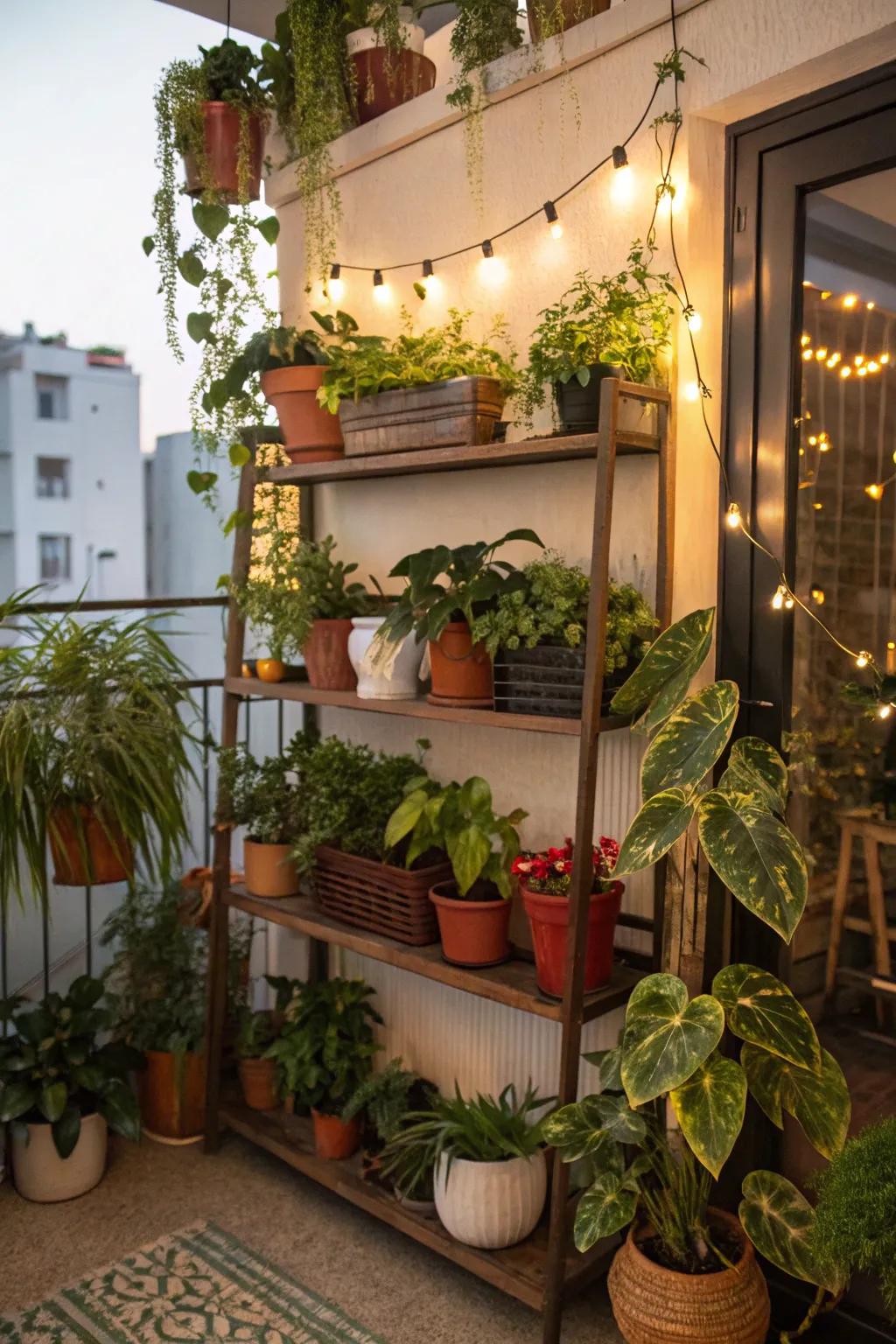 Tiered racks furnish supplementary expanse for plants and décor upon this botanical ledge.