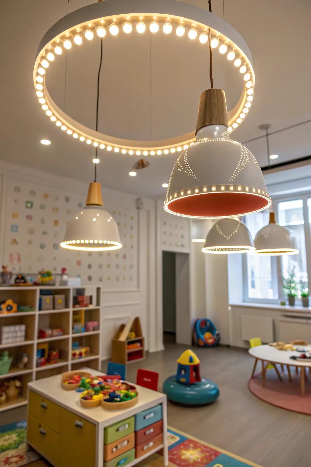 Distinct lighting fixtures producing environment in the amusement zone.