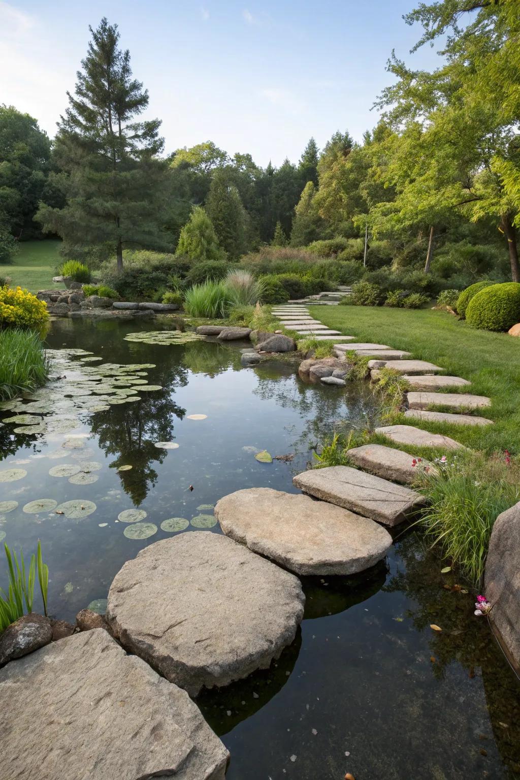 A backyard pond featuring stepping stones that serve as pathways.