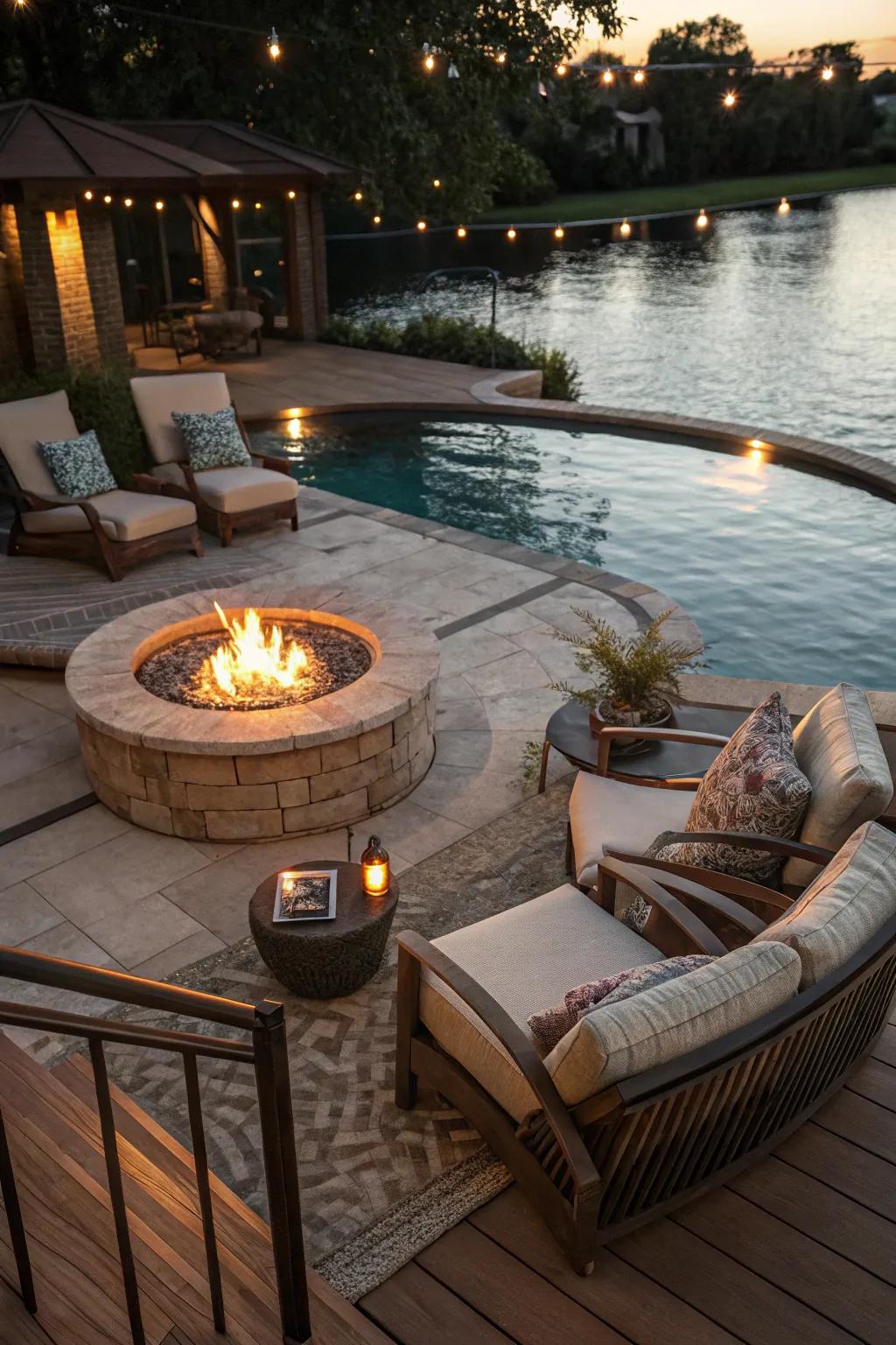 Enjoy your pool deck year-round with the warmth of a fire pit.
