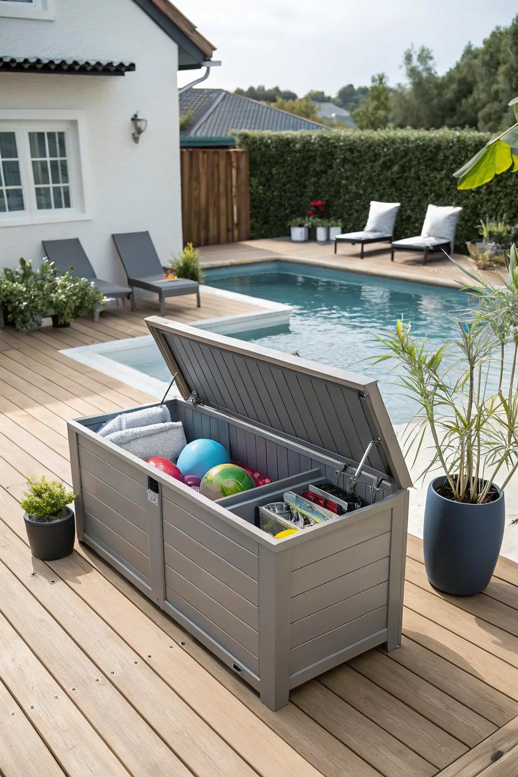 Deck boxes extend circumspect storage and supplementary seating.