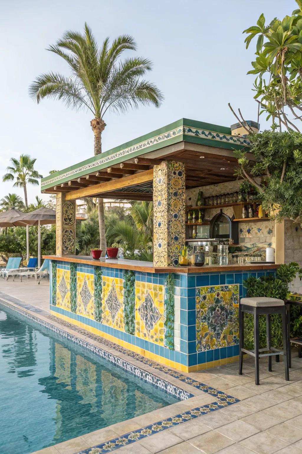 Colorful ceramics introduce Mediterranean appeal to your poolside wet bar.