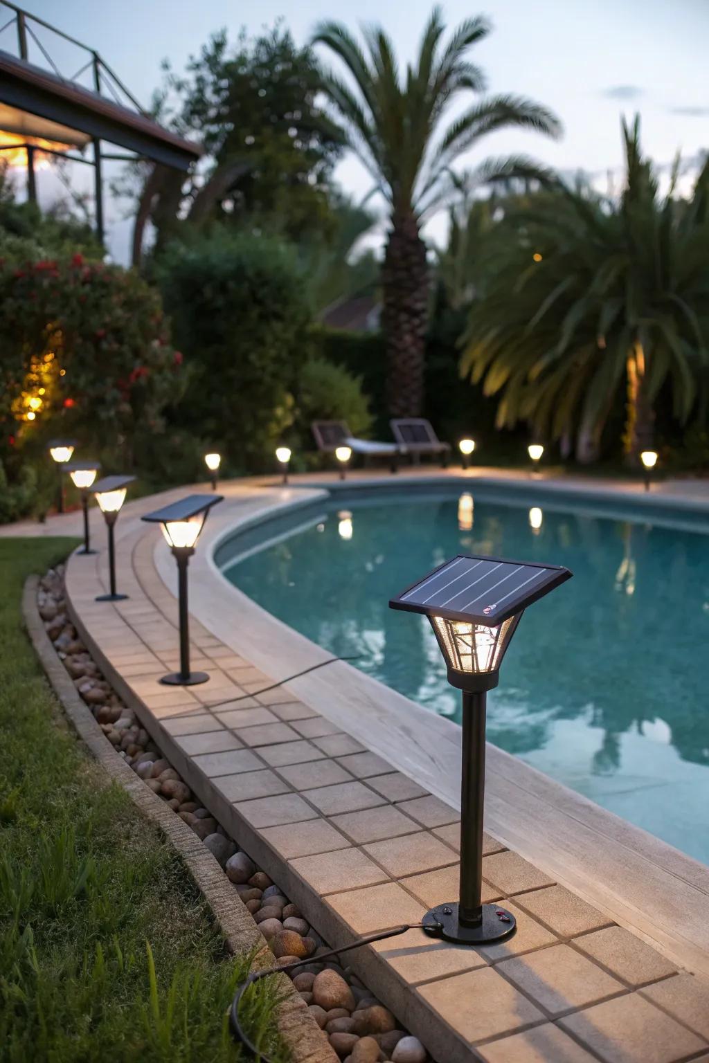 Solar lights symbolize a green decision for illuminating the poolside.