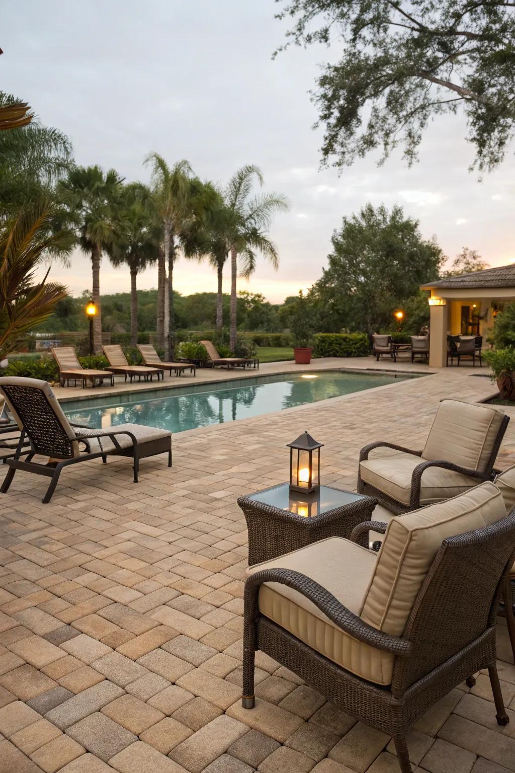 Neutral hues craft an inviting atmosphere by the pool.