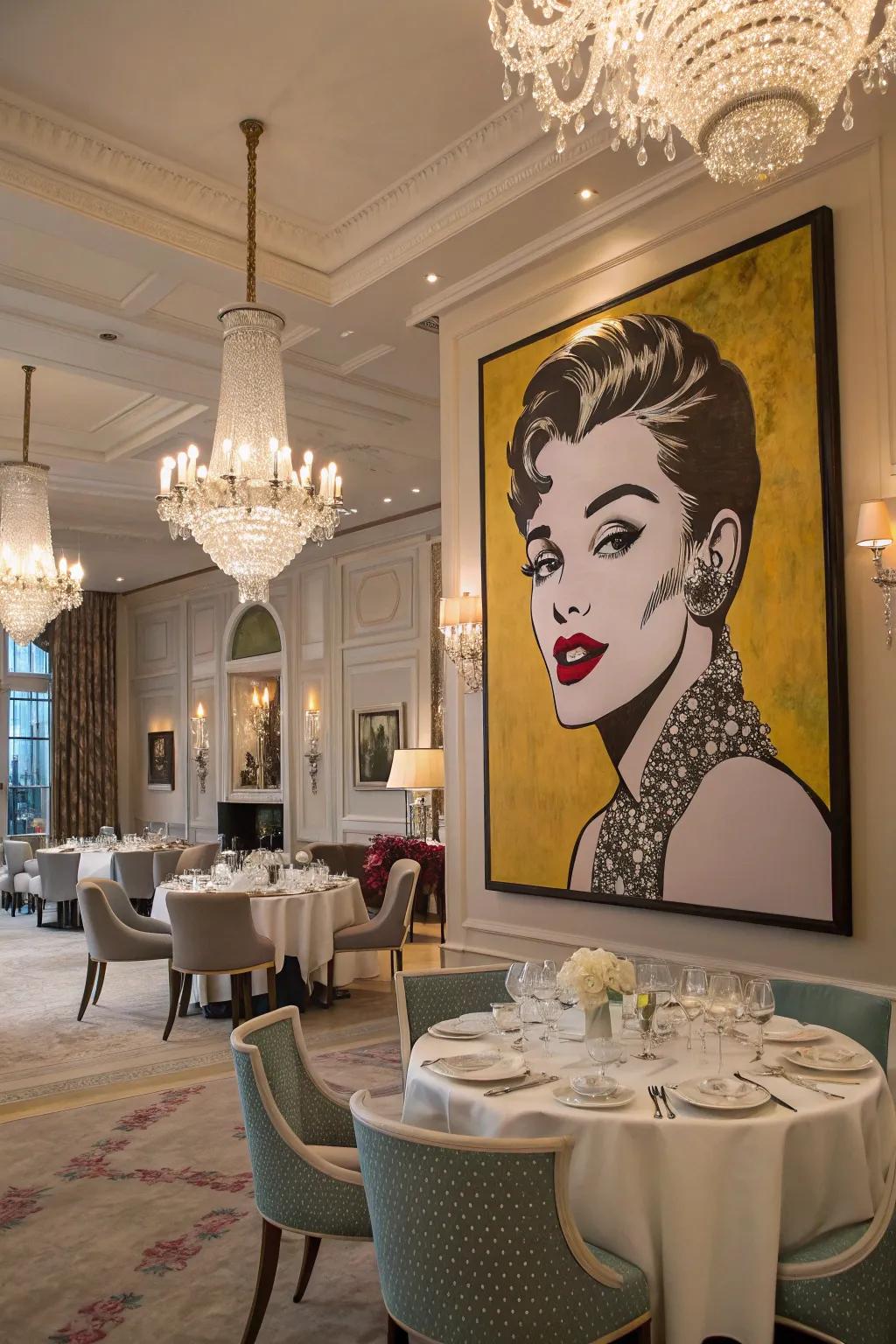 A glamorous artistic pop representation painting of a stylish figure graces the dining area.