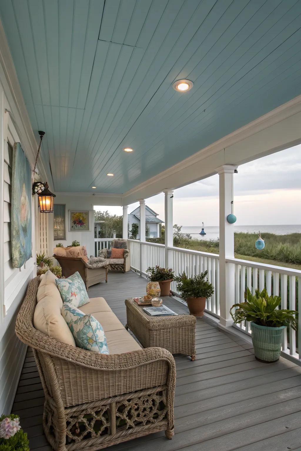 Achieve coastal charm using a sky ceiling.