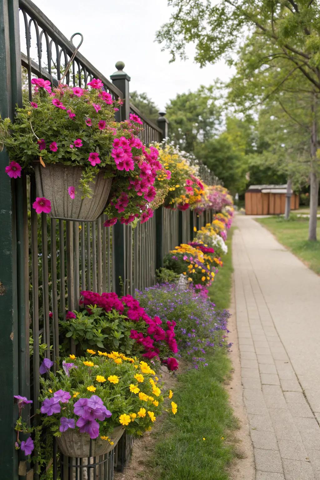 Upright gardens on fences maximize greenery and space.