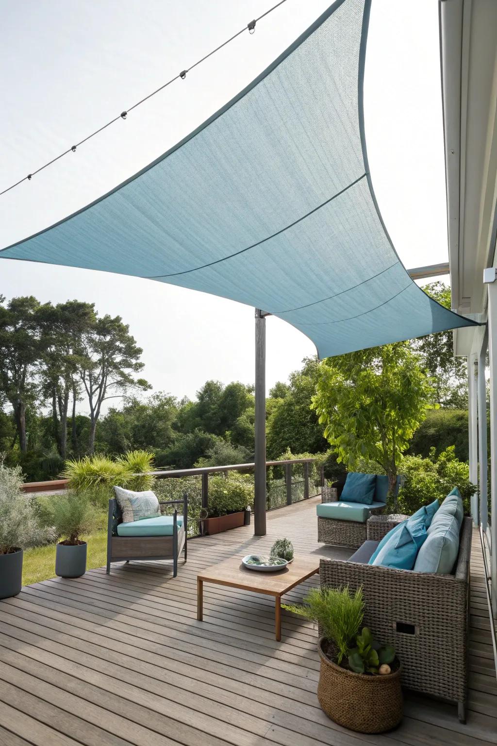 A chic shade sail affords overhead seclusion and aesthetic on a deck.