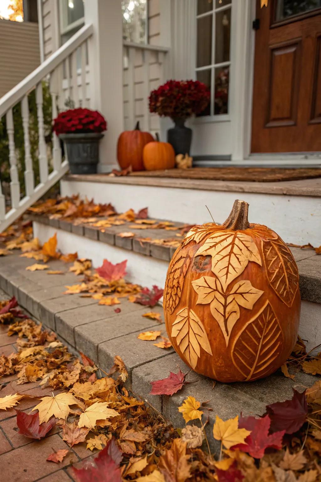 Pumpkin with seasonal leaf design expressing the spirit of fall.