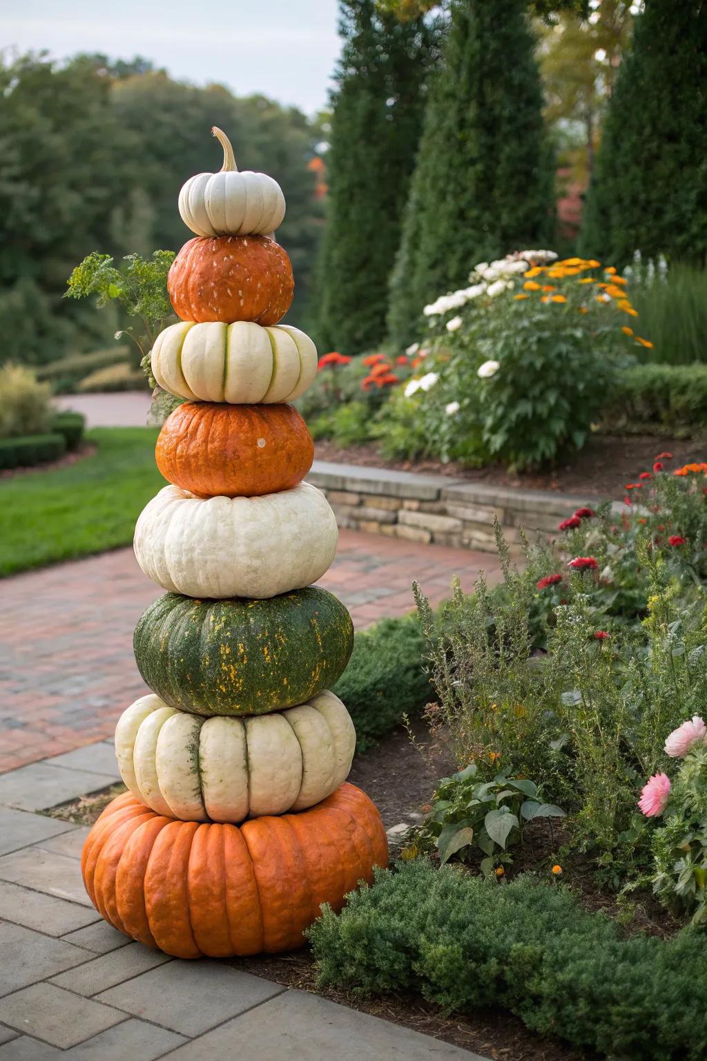 A sophisticated pumpkin topiary in the garden.