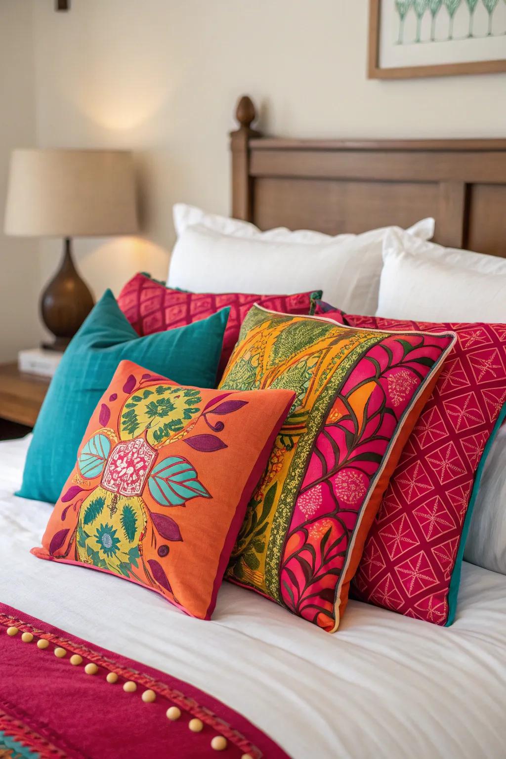 Daring hues render a striking proclamation within pillow orchestrations.