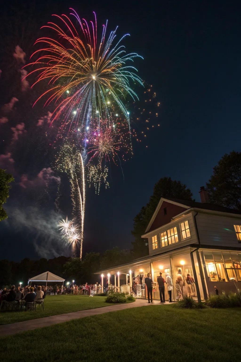 A wedding nighttime vista illuminated with stunning prismatic pyrotechnics.