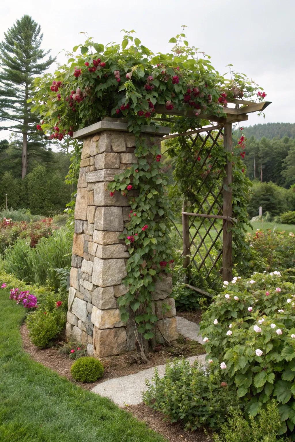 A rock base trellis delivers a stable and appealing garden feature.