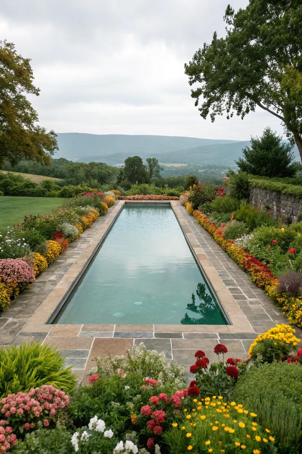 Growing beds give a burst of color and life to the poolside.