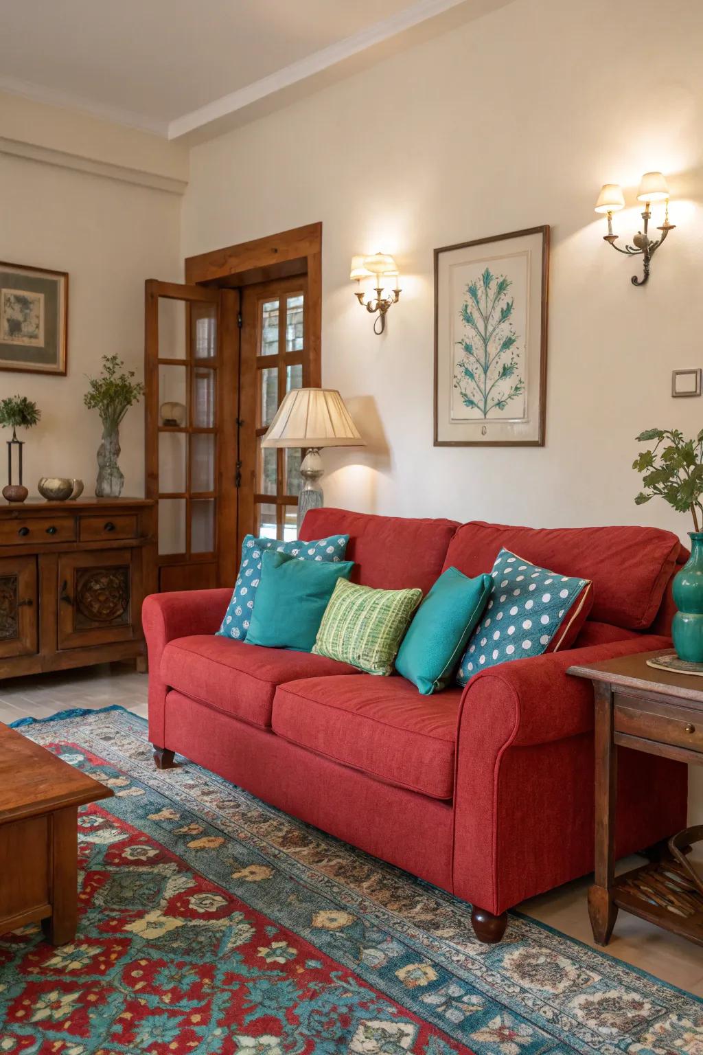Complementary colors like blue and green balance scarlet tones.
