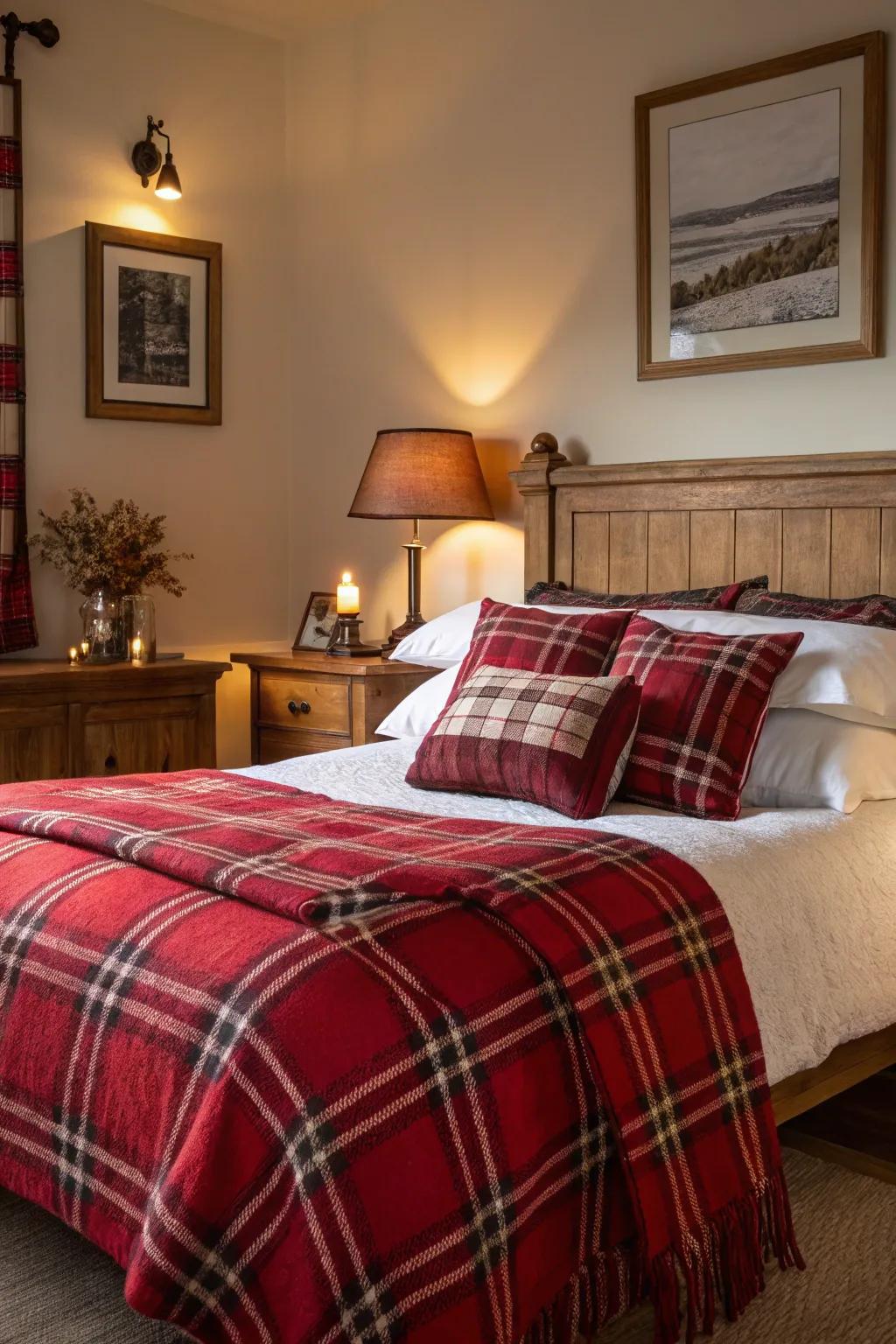 A snug sleeping quarter featuring celebratory crimson accents.