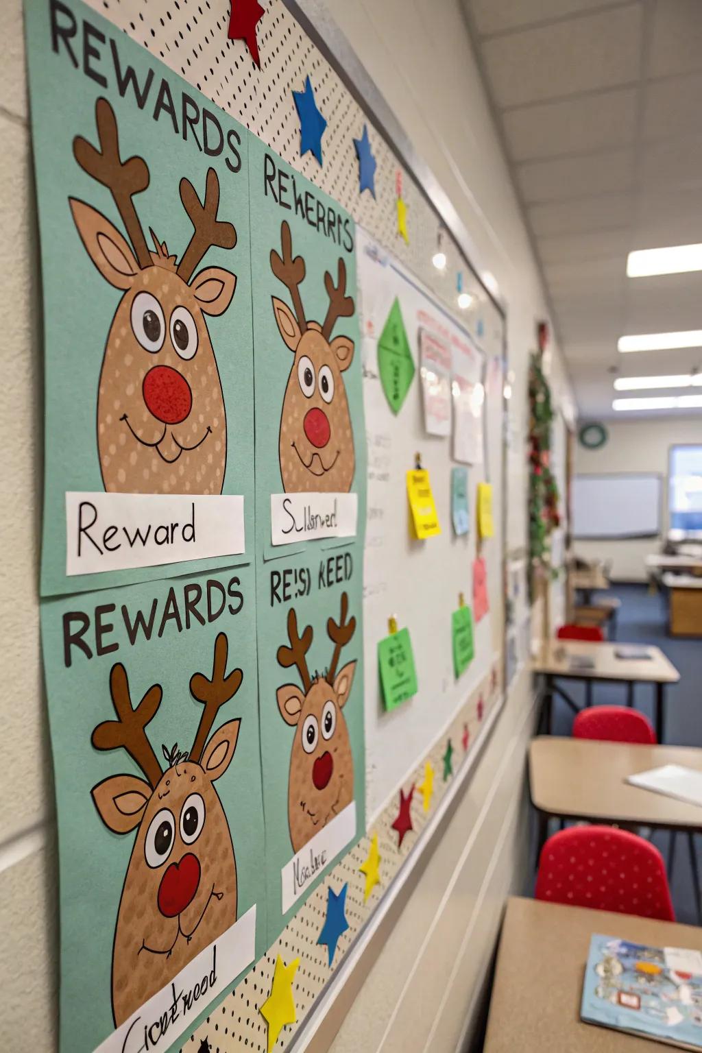 A reindeer award board motivates and decorates.