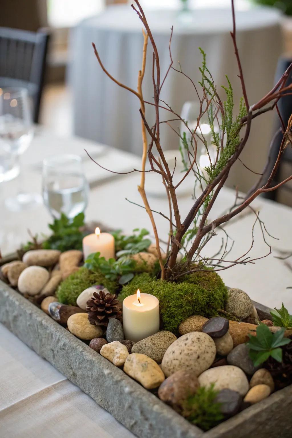An earthy centerpiece with nature-inspired accents.