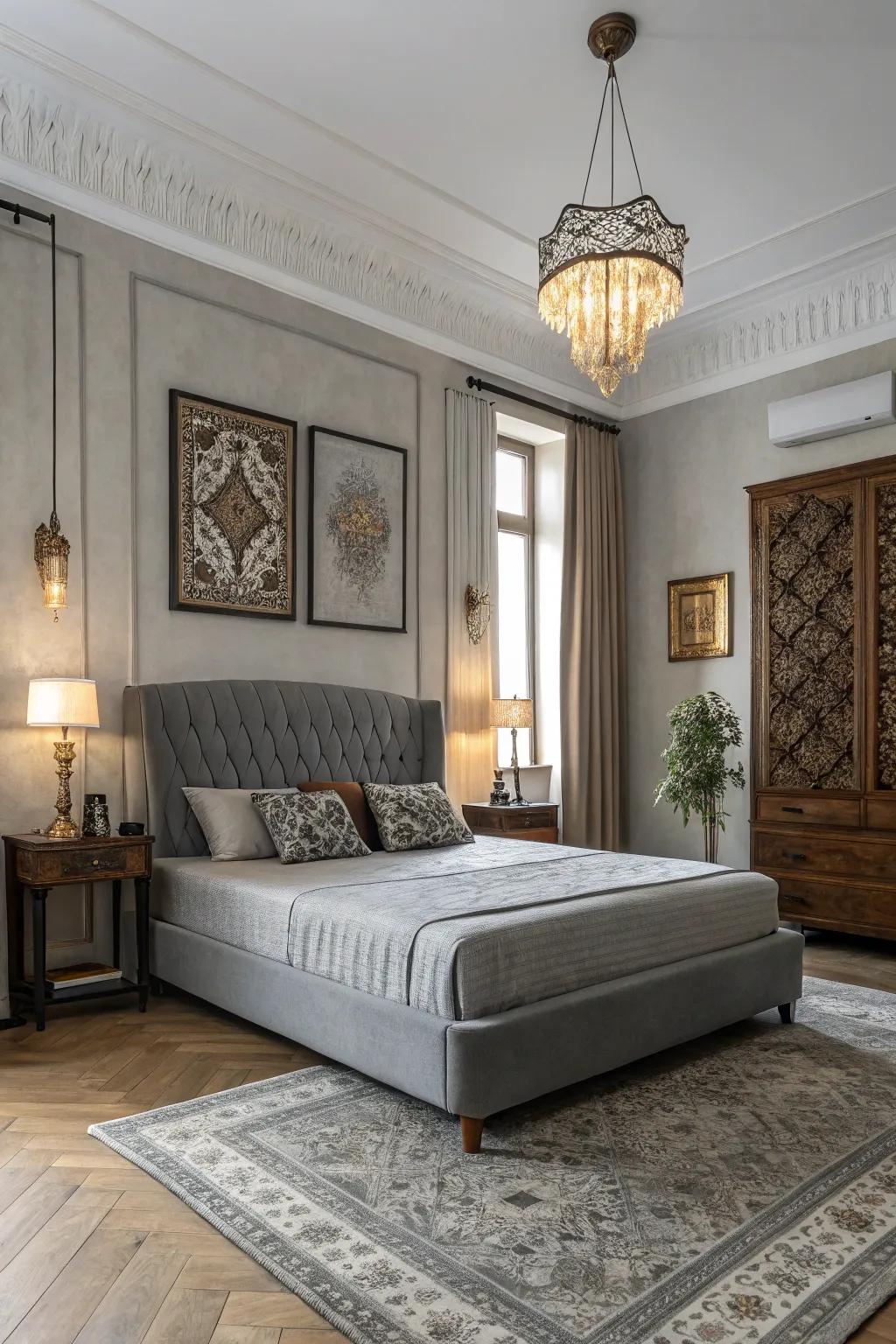 Mixing styles creates a balanced and timeless tranquil mist bedroom.