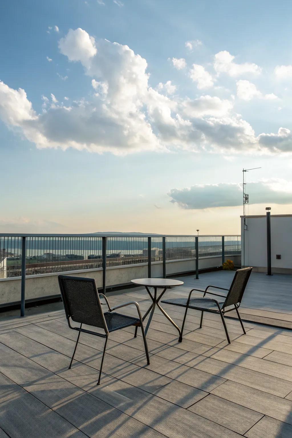 Create a minimalist getaway on your rooftop with simple, stylish layout.