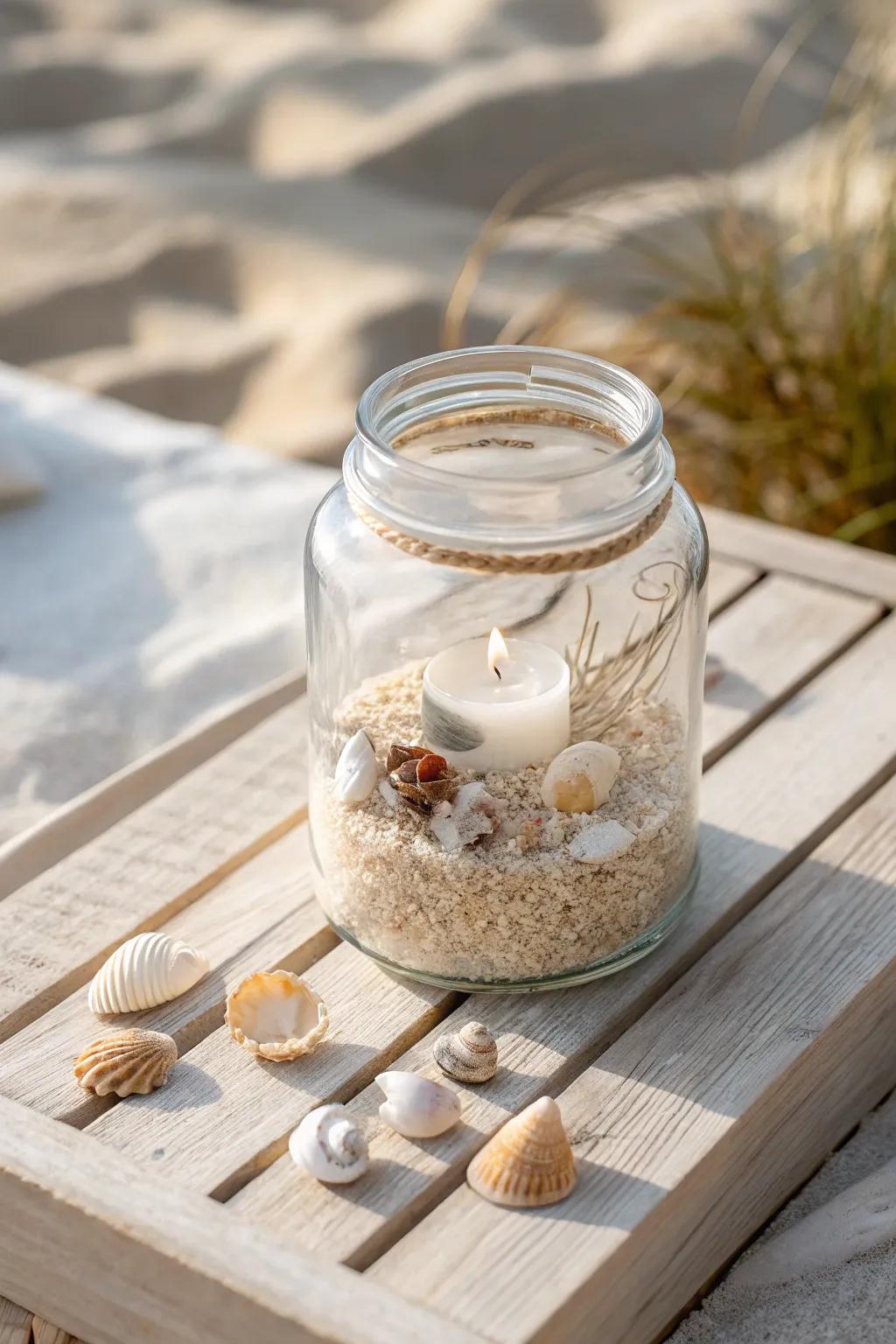 Capture the essence of the ocean using a minimalist resin bottle, transporting the tranquil beach vibes indoors.