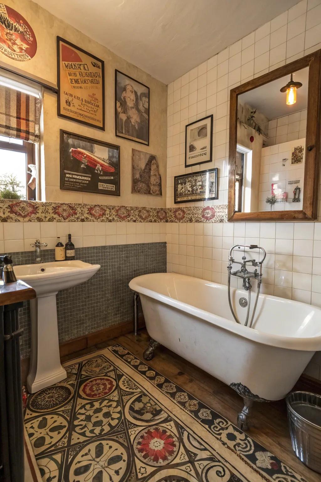 Retro art pieces infuse persona and allure into your lavatory decor.