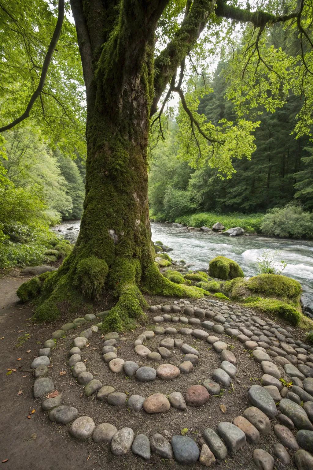 Stones highlight and shield the base of this tree, adding refinement to the landscape.