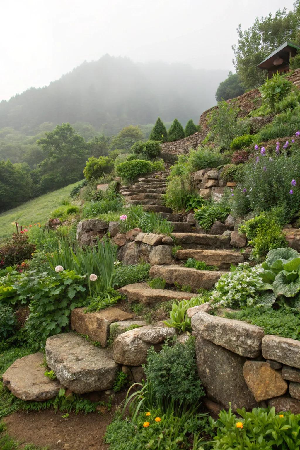 Terraced rock gardens add dimension and interest.
