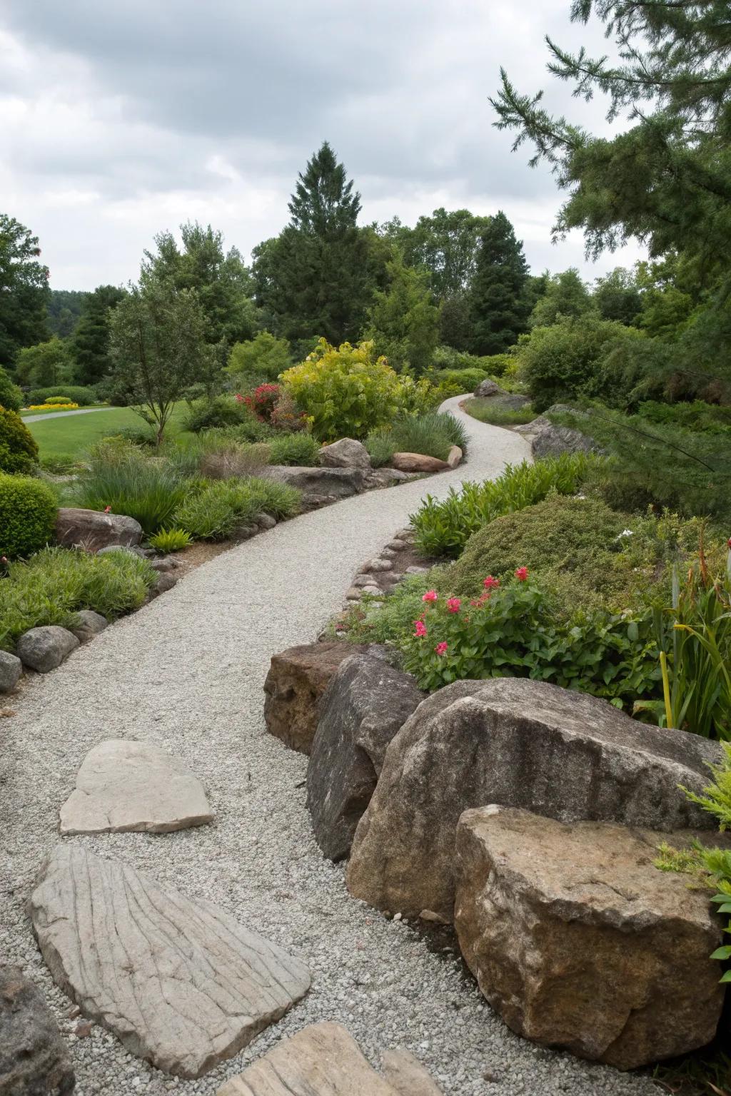 Gravel and large stones create a textured, dynamic path.