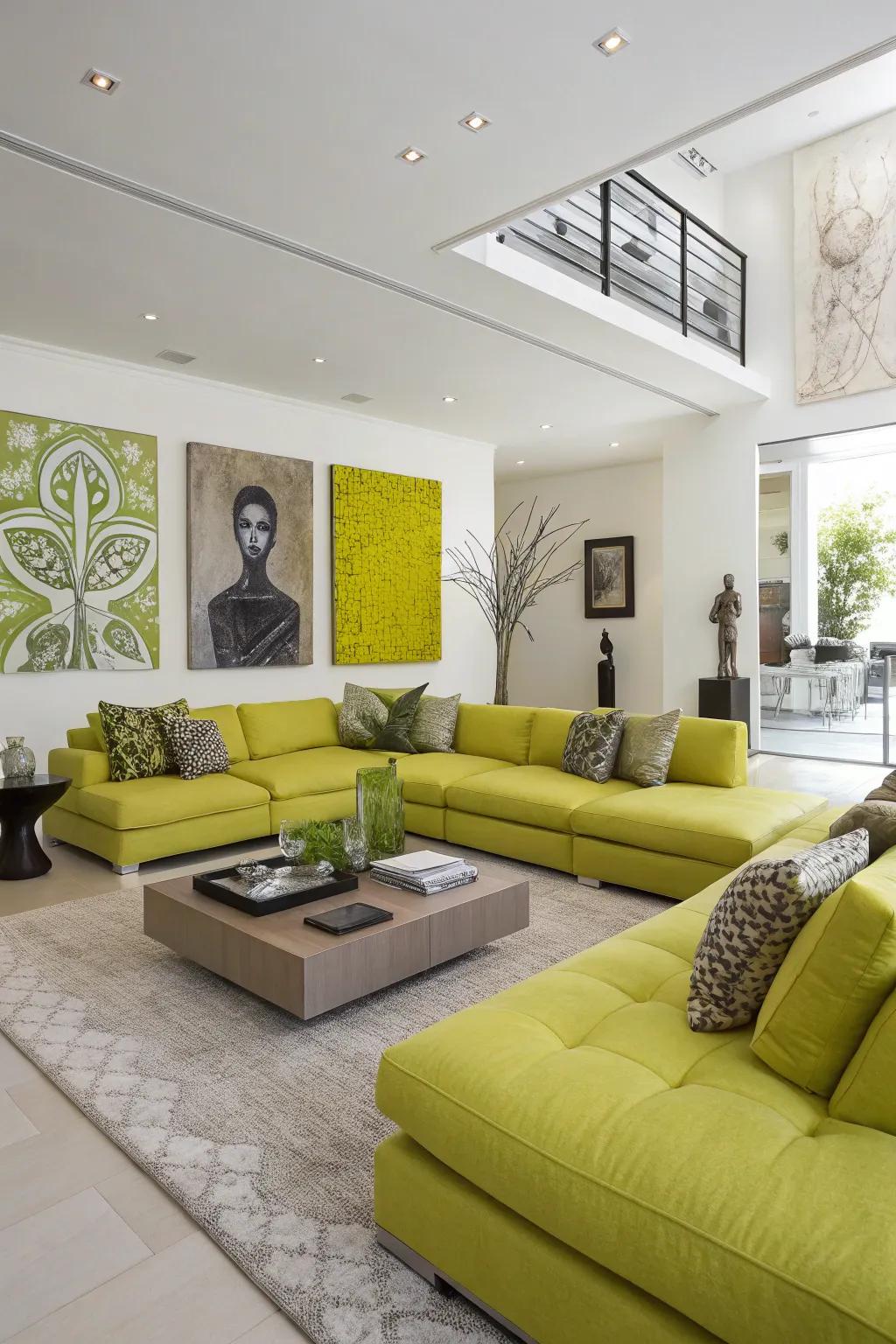 A modern living room featuring bright chartreuse accents and lively energy.