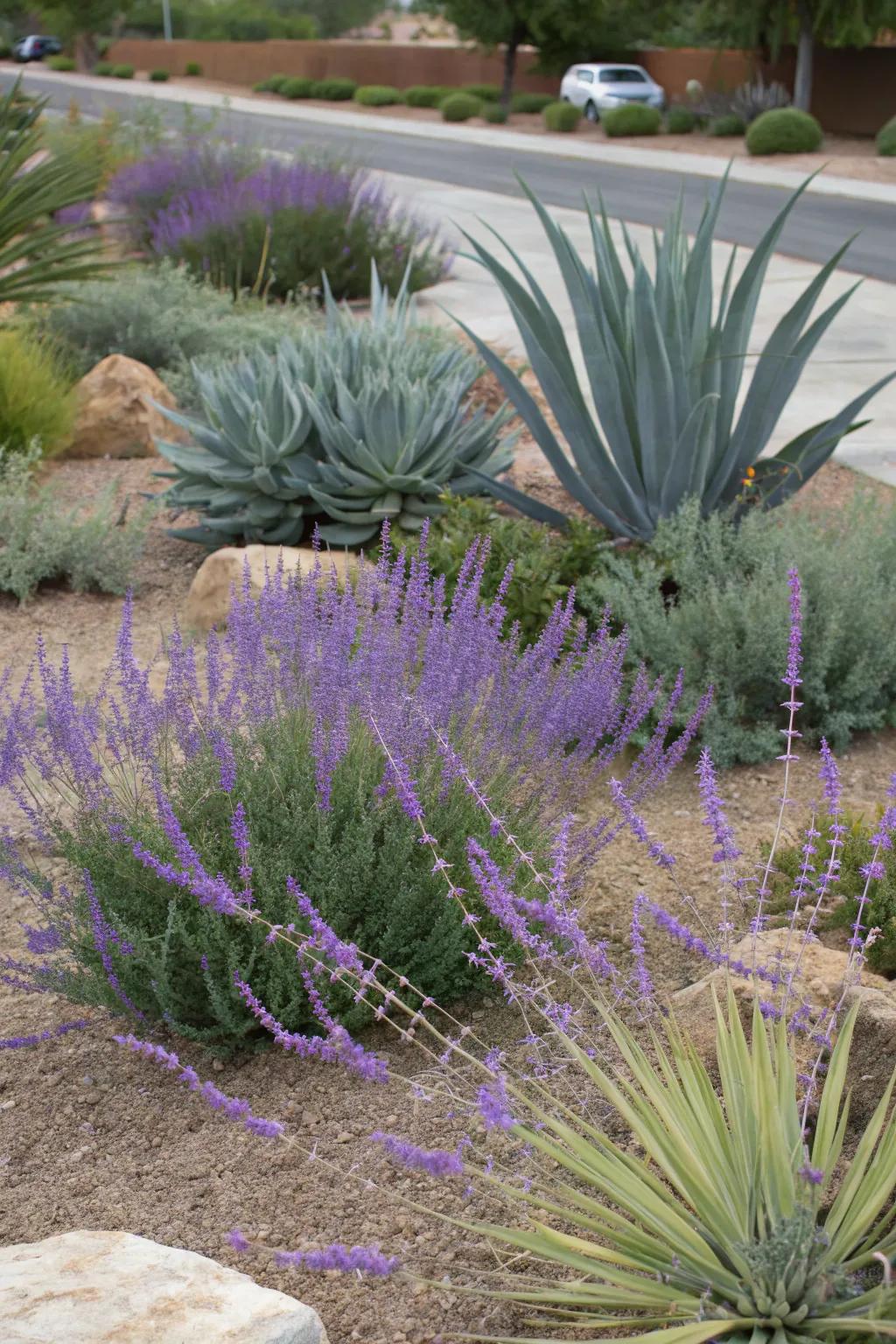 A water-wise garden featuring 'Silver Whisper' and desert spears.