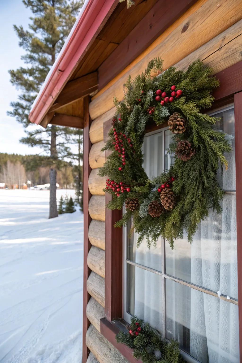 A lush wreath crafted from a variety of evergreen sprigs.
