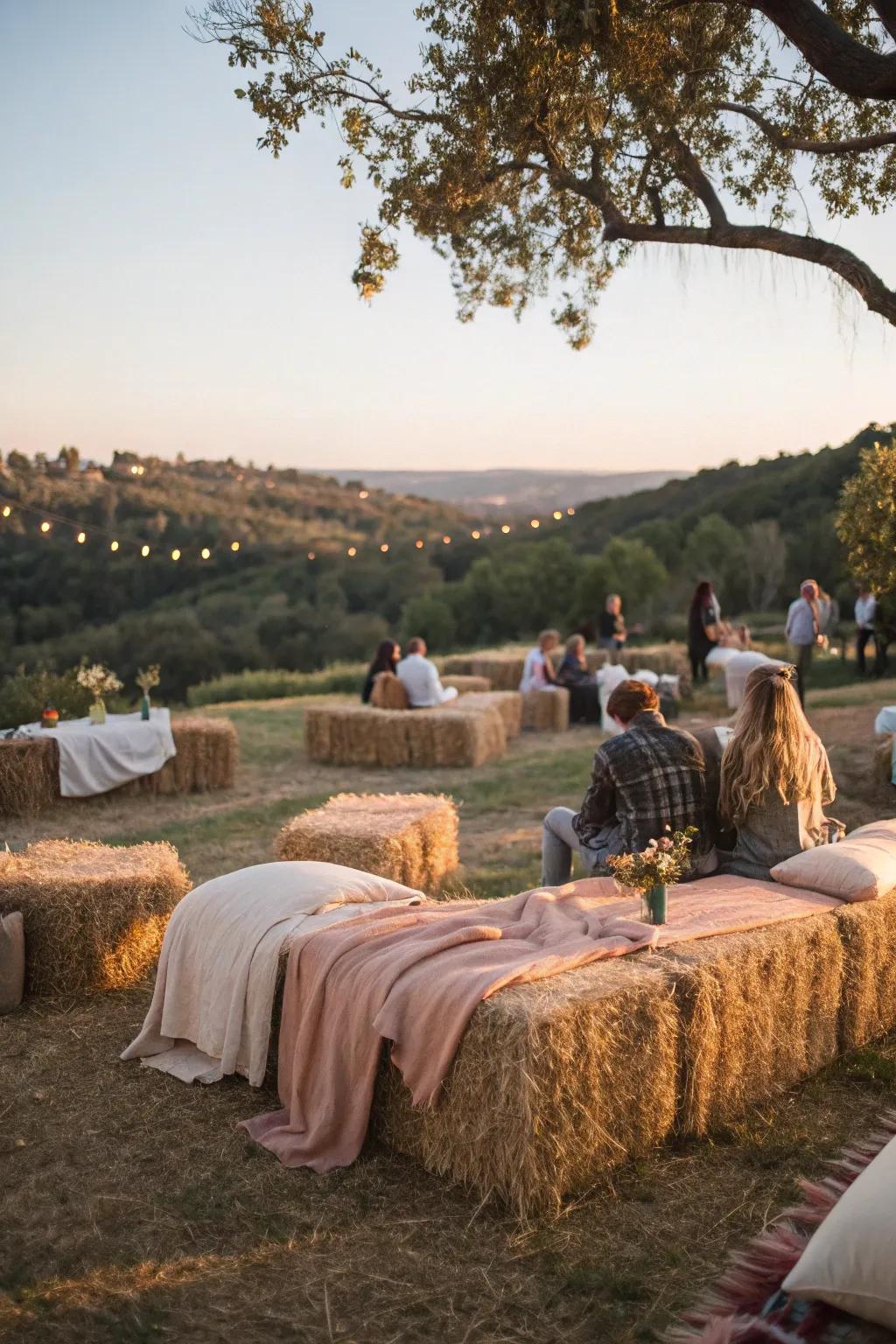 Hay bale seating for a rustic outdoor vibe.