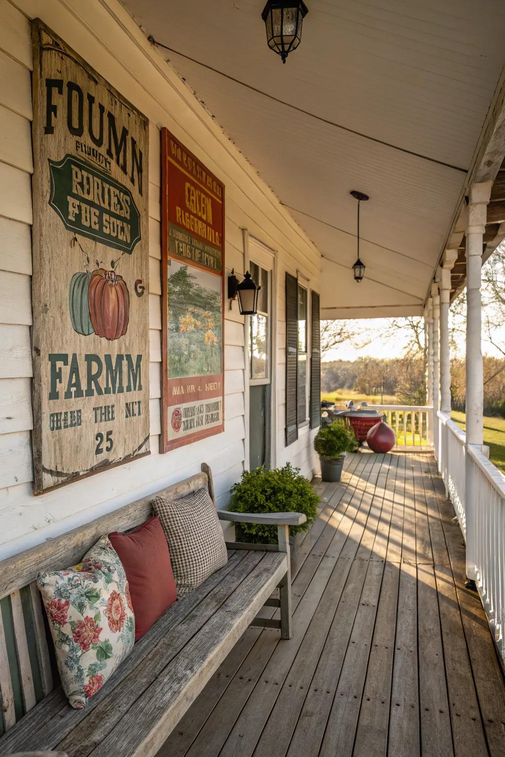 Classic farm signs add bold, heart-warming charm to a rustic porch.