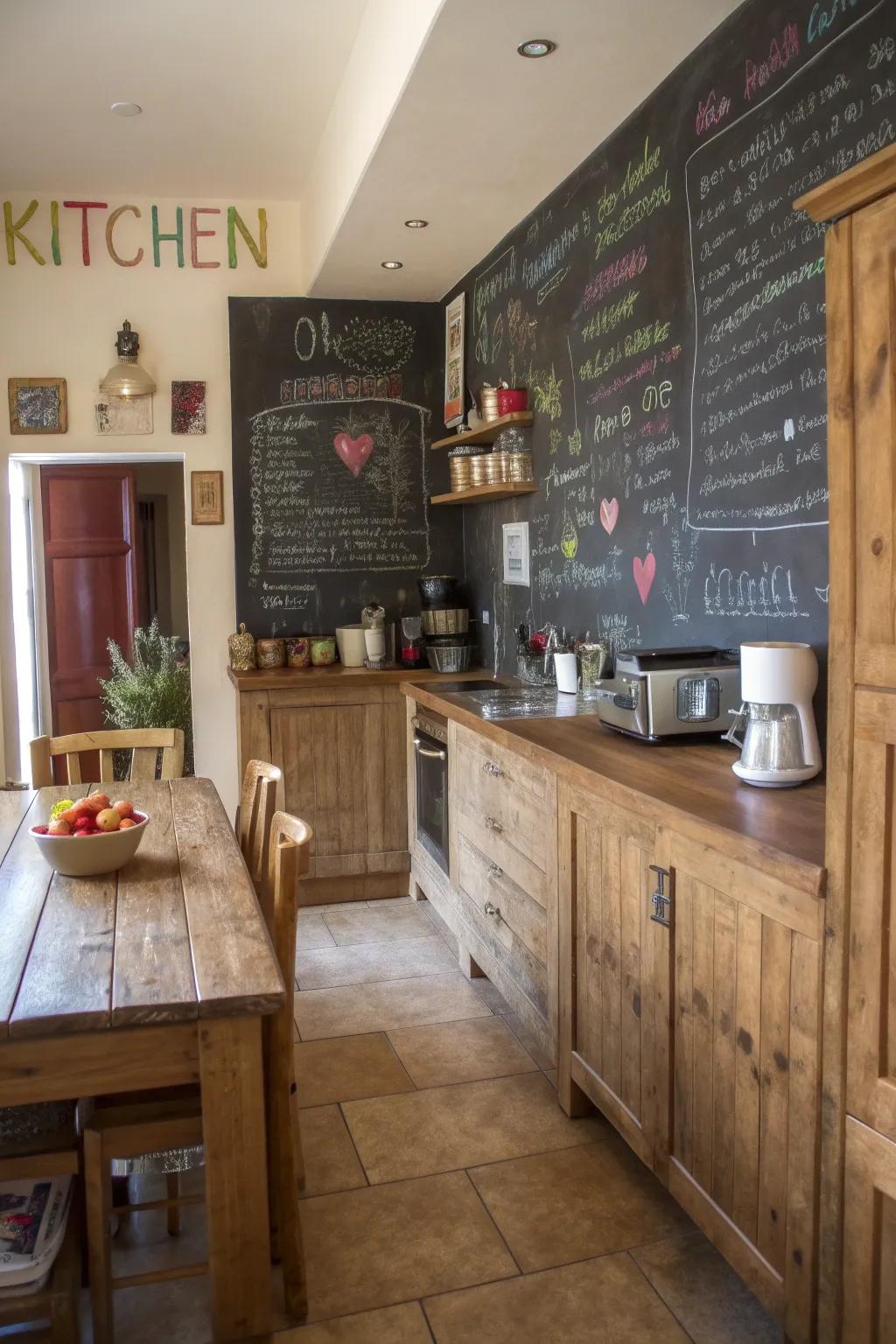 Blackboard surfaces offer a creative touch to this country kitchen.