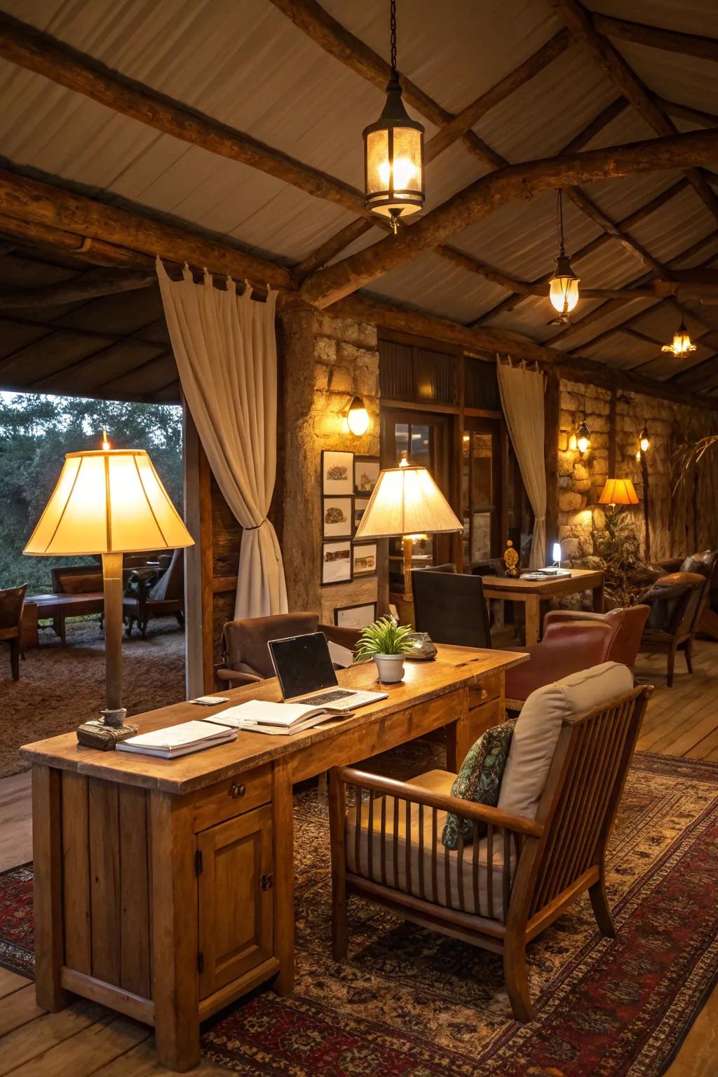 Warm illumination fashions a comfortable ambiance in a country-style office.