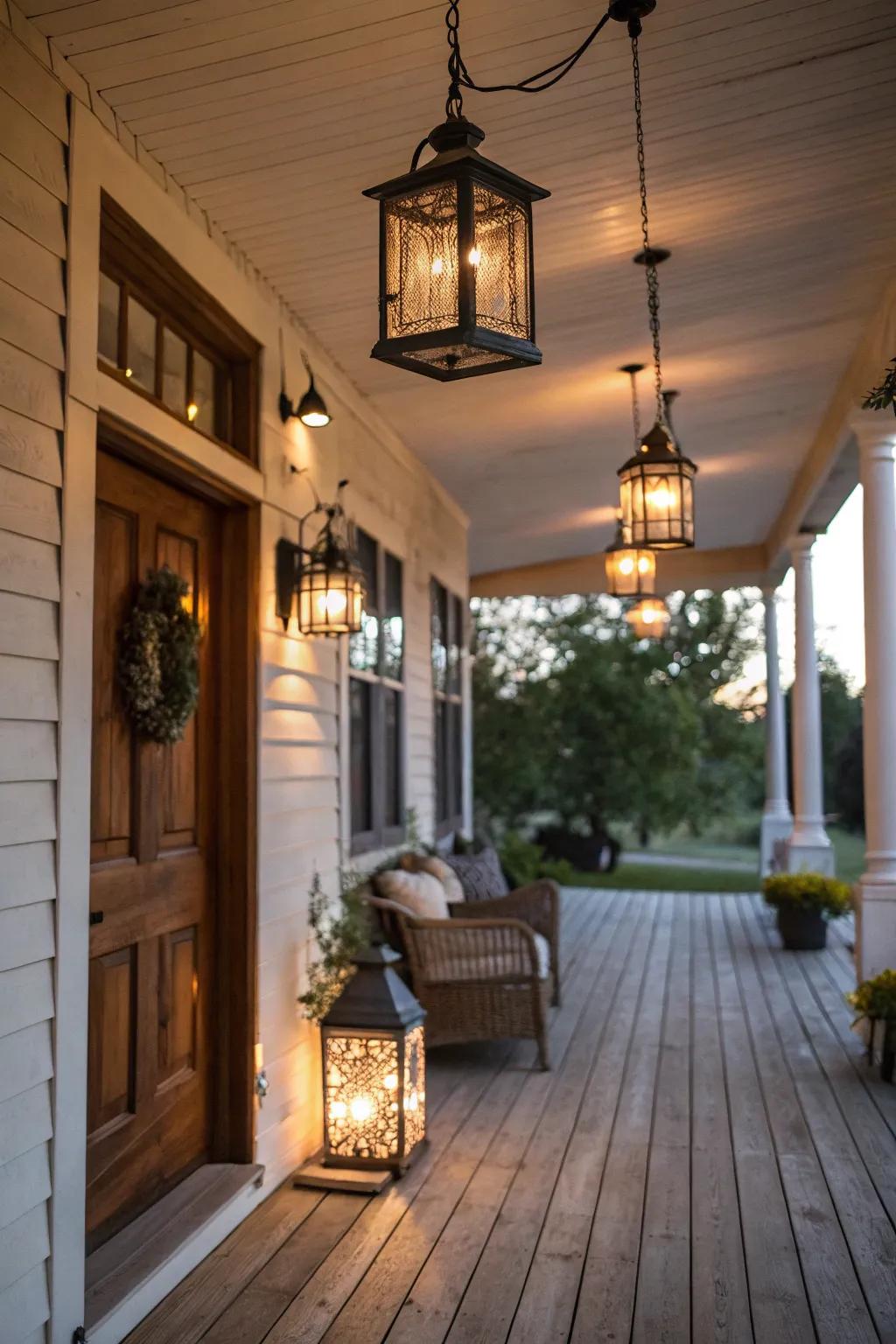 Countryside illumination fixtures enhance the veranda's charm.