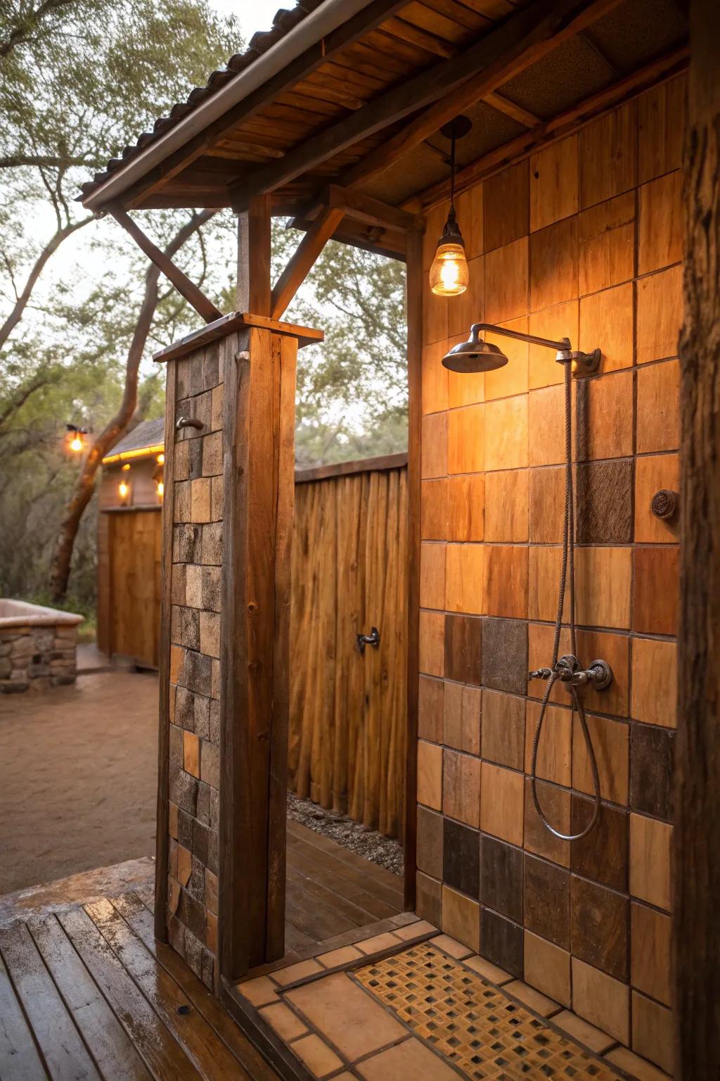 A weathered shower incorporating inviting illumination that effectively underscores both the textures and hues inherent to its aesthetic.