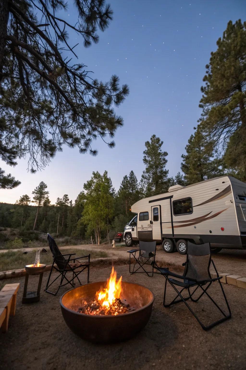 A tabletop fire feature offers warmth without the smoke.