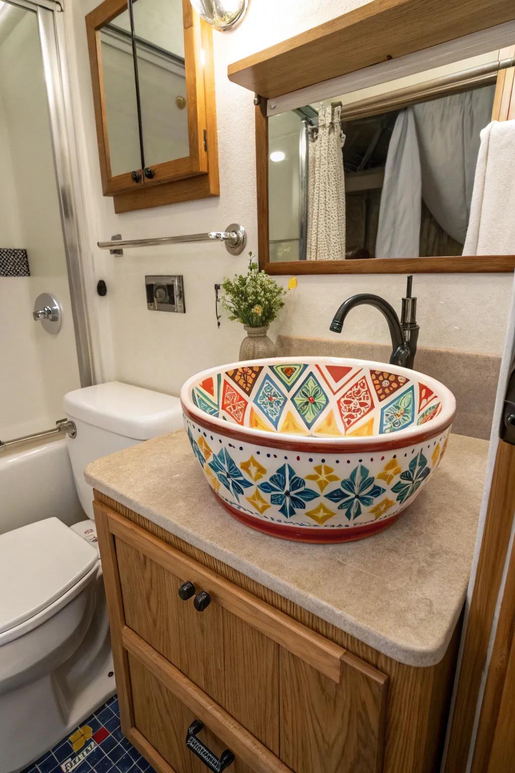 A patterned ceramic basin adding personality to an RV lavatory.