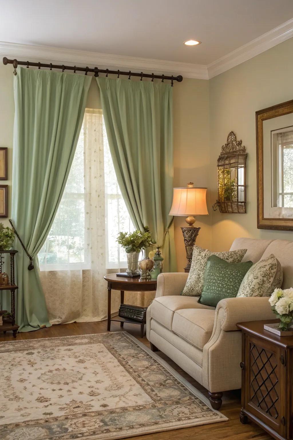 Sage green accents join and refine the room's comforting palette.