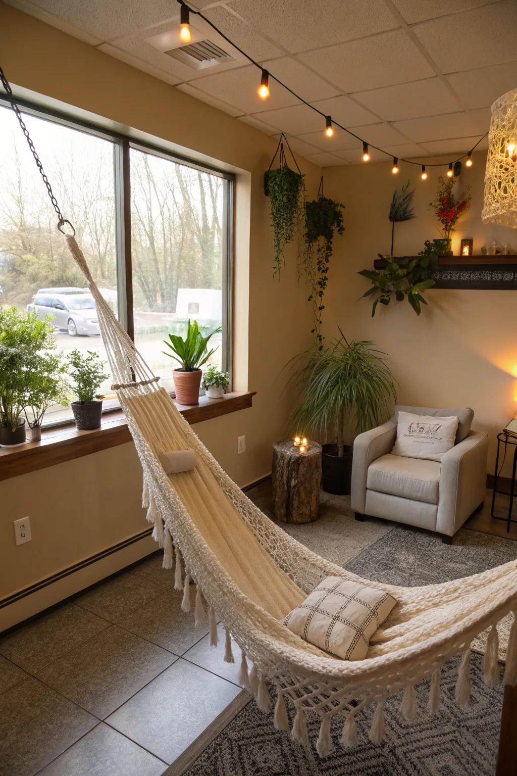 A suspended seat introduces an element of surprise and relaxation.